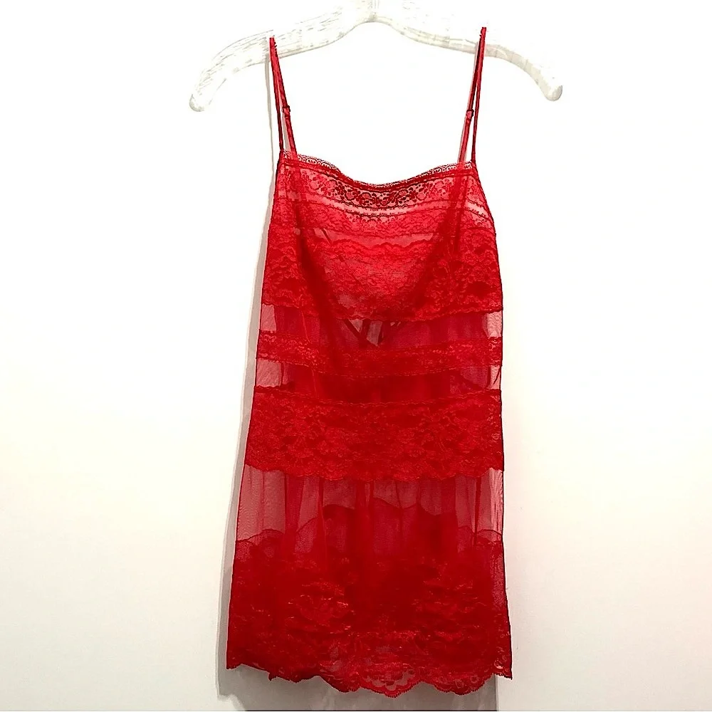Women’s Red Sexy Sheer Chemise Lace Slip